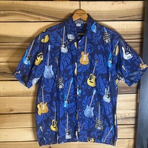 Vintage High Seas guitar print  Blue Hawaiian Shirt medium made in USA